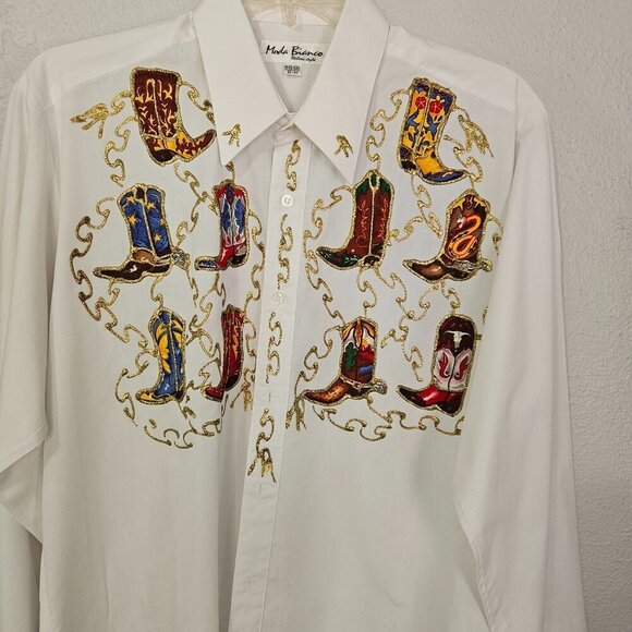 Moda Bianco Men's Vintage Cowboy Appliqued Boots Shirt Size M (15-15 l/2) - Picture 2 of 5